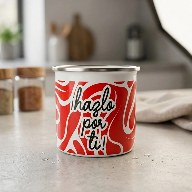 mug peltre blanco personalizado estilo vintage en acero esmaltado