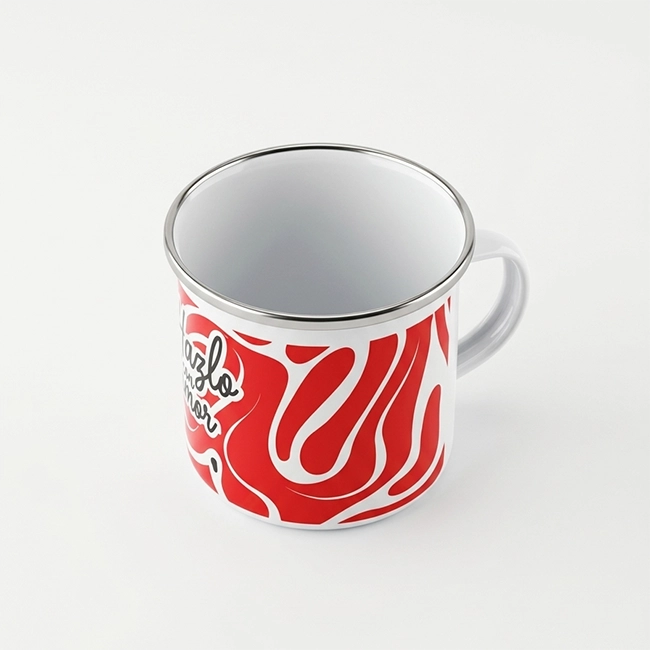 taza de peltre blanca personalizada resistente para camping o uso diario